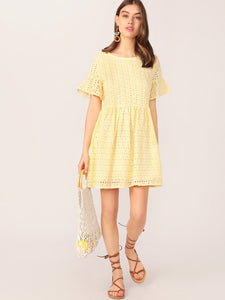 Flounce Sleeve Solid Schiffy Dress