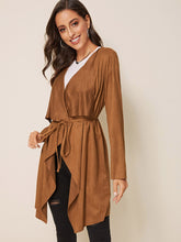 Load image into Gallery viewer, Draped Collar Tie Waist Suede Coat