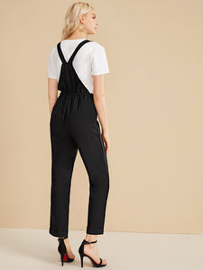 Zipper Front Drawstring Waist Solid Overalls