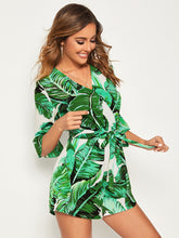 Load image into Gallery viewer, Tropical Print Surplice Neck Belted Blouson Romper