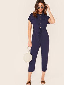 Drawstring Waist Roll Tab Sleeve Shirt Jumpsuit