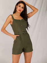 Load image into Gallery viewer, Button Front Pocket Belted Cami Romper