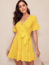 Load image into Gallery viewer, Surplice Wrap Belted Ruffle Hem Dress