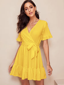 Surplice Wrap Belted Ruffle Hem Dress