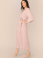 Load image into Gallery viewer, Pleated Sleeve Wrap Belted Wide Leg Jumpsuit