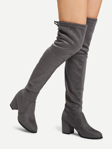 Tie Back Over Knee Block Heeled Boots