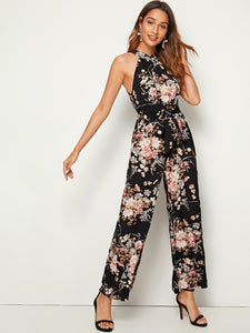 Botanical Print Wide Leg Halter Jumpsuit