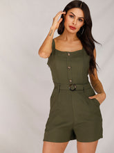 Load image into Gallery viewer, Button Front Pocket Belted Cami Romper