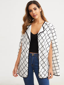 Open Front Contrast Binding Grid Capes Coat