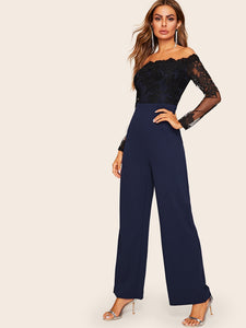 Embroidered Mesh Bodice Wide Leg Bardot Jumpsuit