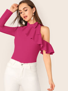 Tie Neck Cold Shoulder Ruffle Trim Top