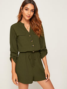 Notch Neck Roll Tab Sleeve Drawstring Waist Romper