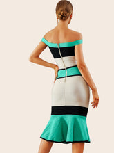 Load image into Gallery viewer, Adyce Color-block Fishtail Hem Bardot Dress