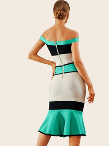 Adyce Color-block Fishtail Hem Bardot Dress