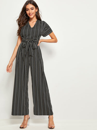 Striped Print Belted Wide Leg Jumpsuit