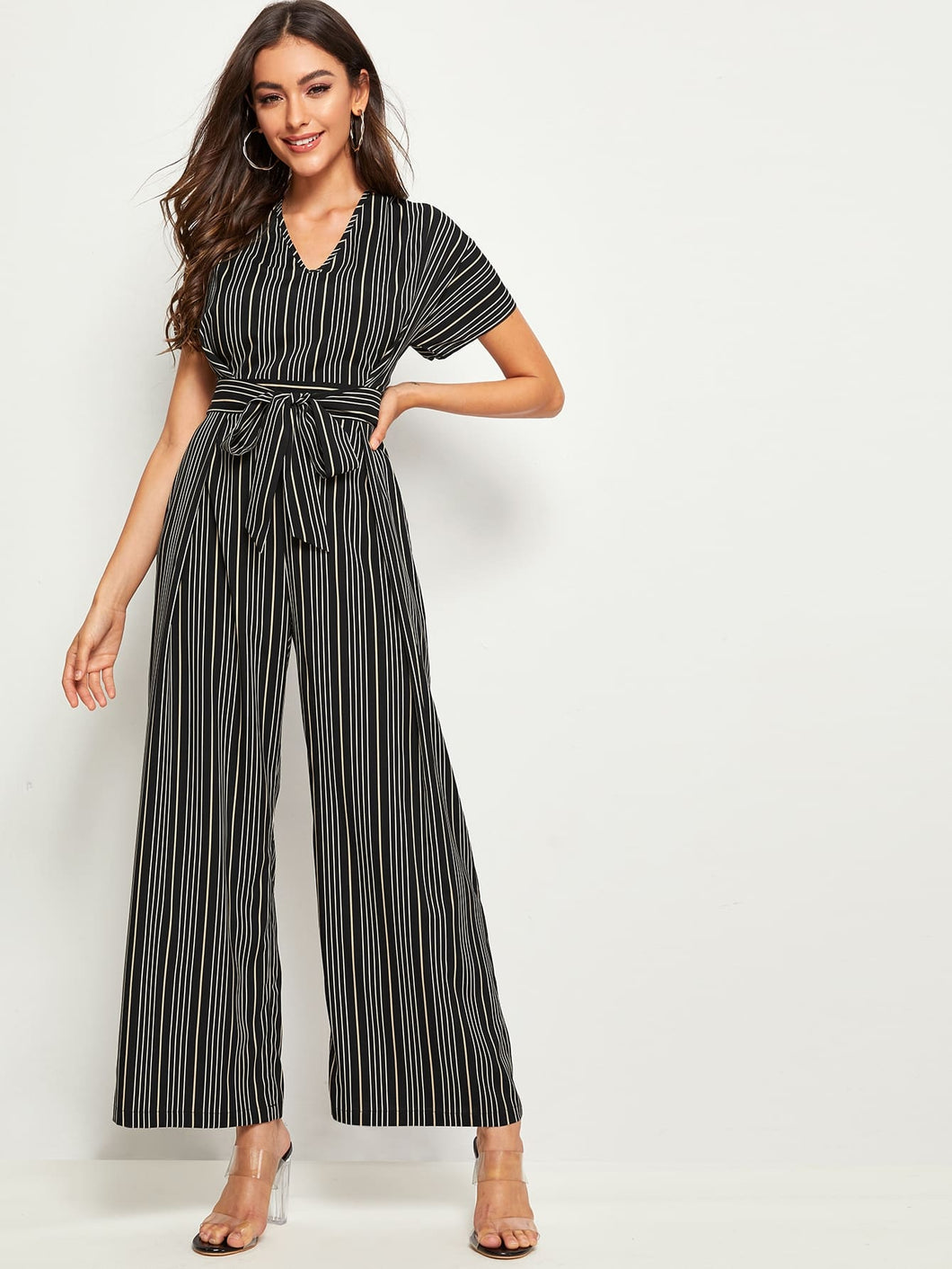 Striped Print Belted Wide Leg Jumpsuit