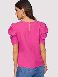 Button Keyhole Back Puff Sleeve Top