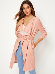 Roll-up Sleeve Waterfall Neck Suede Coat