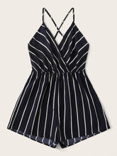 Load image into Gallery viewer, Striped Criss-cross Backless Surplice Neck Romper