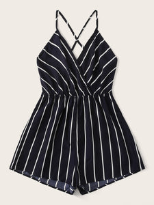 Striped Criss-cross Backless Surplice Neck Romper