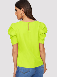 Button Keyhole Back Puff Sleeve Top