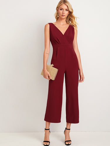 Solid Lace Insert Surplice Neck Zip Side Jumpsuit