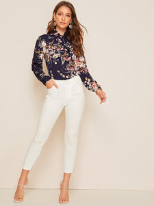 Botanical Print Tie Neck Top