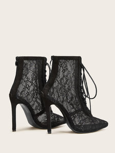 Point Toe Lace-up Front Stiletto Heeled Boots