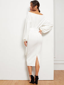 Blouson Sleeve Surplice Wrap Split Hem Dress