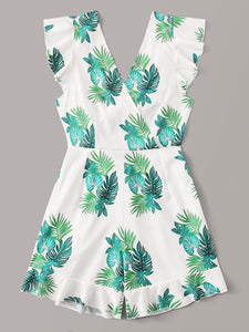 Tropical Print Ruffle Trim Romper