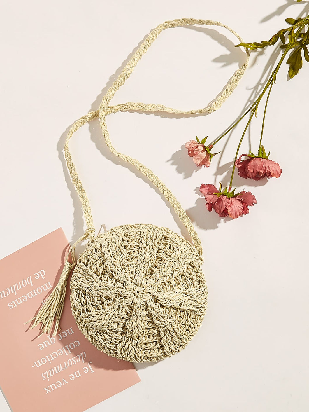 Tassel Detail Round Straw Crossbody Bag