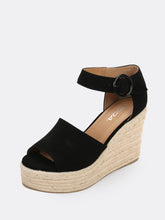 Load image into Gallery viewer, Wide Band Side Buckle Jute Trim Platform Wedges