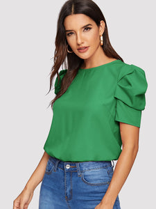 Button Keyhole Back Puff Sleeve Top