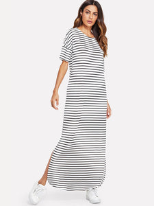 Side Slit Striped Maxi Tee Dress