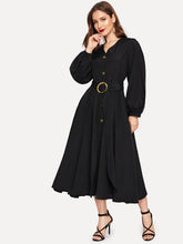 Load image into Gallery viewer, Bishop Sleeve Button Up Self Belted Dress