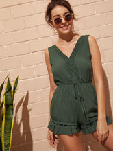 Load image into Gallery viewer, Lace Panel Ruffle Hem Buttoned Keyhole Romper