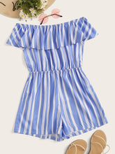 Load image into Gallery viewer, Striped Off Shoulder Ruffle Trim Playsuit