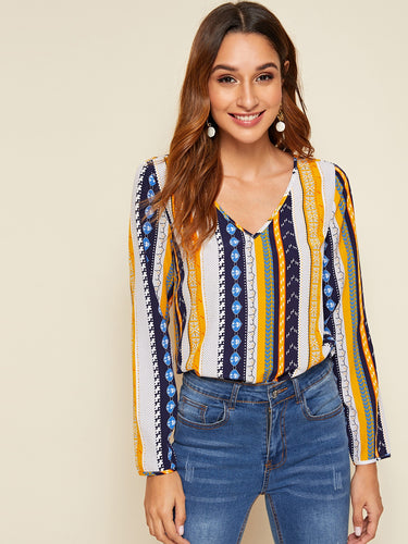 V-neck Tribal Print Top