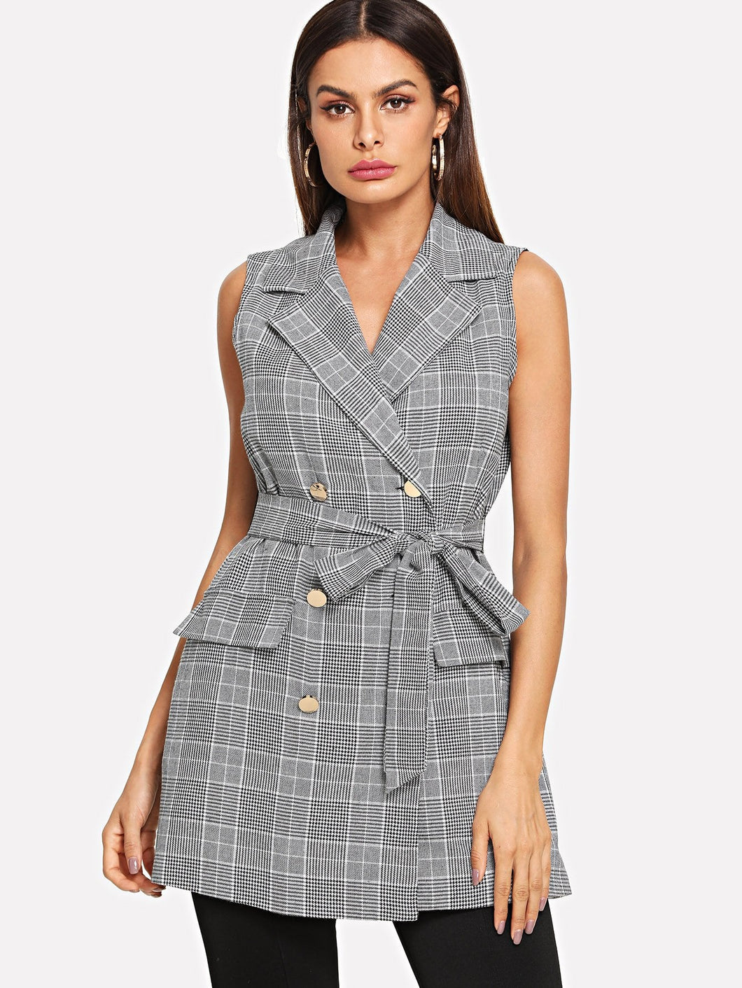 Double Button Belted Plaid Vest Blazer