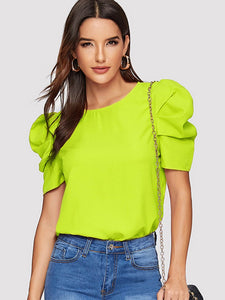 Button Keyhole Back Puff Sleeve Top