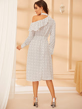 Load image into Gallery viewer, Asymmetrical Neck Ruffle Trim Polka Dot Belted Dress