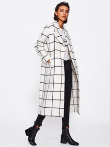 Drape Collar Grid Longline Coat