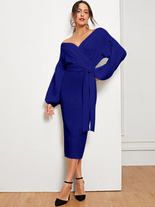 Blouson Sleeve Slit Hem Surplice Bardot Dress