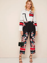 Load image into Gallery viewer, Floral &amp; Stripe Print Shirt Jumpsuit