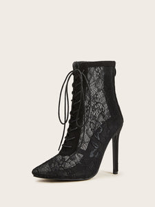 Point Toe Lace-up Front Stiletto Heeled Boots