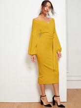 Load image into Gallery viewer, Blouson Sleeve Slit Hem Surplice Bardot Dress