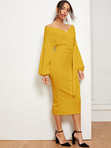 Blouson Sleeve Slit Hem Surplice Bardot Dress