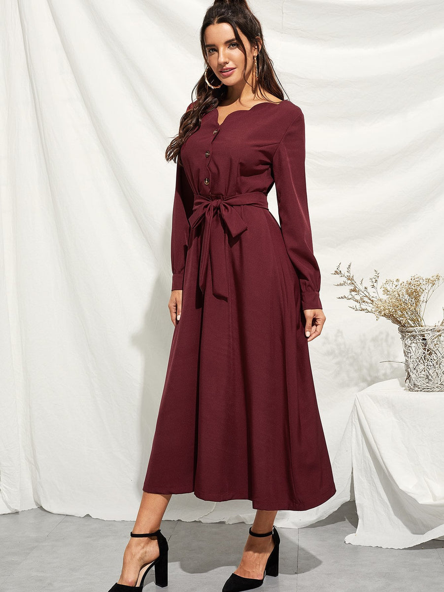 Scallop Edge Button Through Belted Dress | Krolay