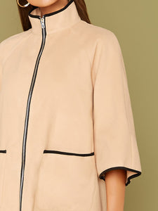 Zipper Front Contrast Side Patch Pocket Coat