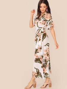 Botanical Print Ruffle Cuff Tie Side Wrap Dress